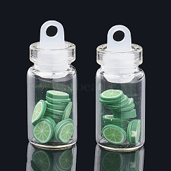 Handmade Polymer Clay Nail Art Decoration Accessories, with Glass Wishing Bottle and CCB Plastic Bottle Stopper, Green Lemon, Lime Green, 4~8x4~8x0.1~2mm, about bottle: 27.5x11mm, hole: 3mm(X-MRMJ-N032-22)