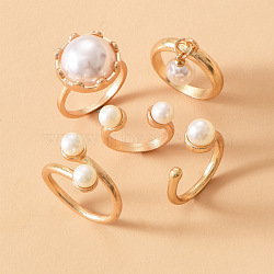 Zinc Alloy & Plastic Imitation Pearl Round Beads Finger Rings Sets, Golden, Inner Diameter: 20mm, 5pcs/set(WG9DC8A-01)