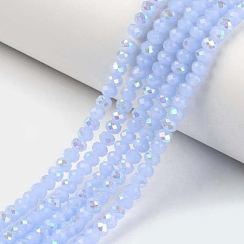 Electroplate Glass Beads Strands, Imitation Jade Beads, Half Plated, Rainbow Plated, Faceted, Rondelle, Light Blue, 3.5x3mm, Hole: 0.4mm, about 123~127pcs/strand, 13.7~14.1 inch(35~36cm)