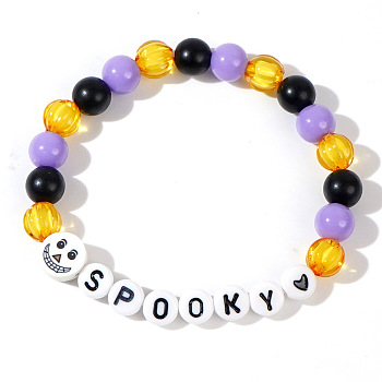 Halloween Acrylic Beads Stretch Bracelets for Women Men, Skull with Word Spoonky, Colorful, Inner Diameter: 6-7/8 inch(17.5cm)