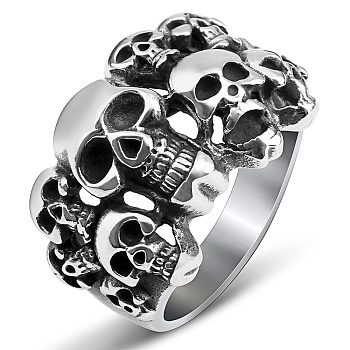 Steam Punk Style Titanium Steel Multi-Skull Finger Rings, Hollow Wide Rings for Men, Stainless Steel Color, US Size 12(21.4mm)