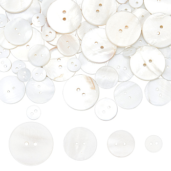 70Pcs 4 Styles 2-Hole Freshwater Shell Buttons, Flat Round, Seashell Color, 10~25x1.5~2mm, Hole: 2mm