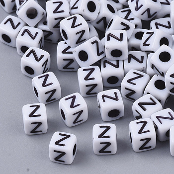 White Opaque Acrylic Beads, Horizontal Hole, Cube with Black Alphabet, Letter.Z, 4~5x4~5x4~5mm, Hole: 1.8mm, about 6470~6500pcs/500g