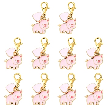 10Pcs 2 Styles Alloy Enamel Pendant Decorations, Pig, with Alloy Lobster Claw Clasps, Golden, Pink, 27~33mm, 5pcs/style
