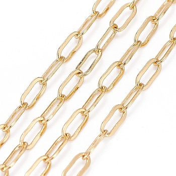 Soldered Brass Paperclip Chains, Flat Oval, Drawn Elongated Cable Chains, Long-Lasting Plated, with Spool, Real 18K Gold Plated, 6x2.5~3x0.5mm, about 32.8 Feet(10m)/roll