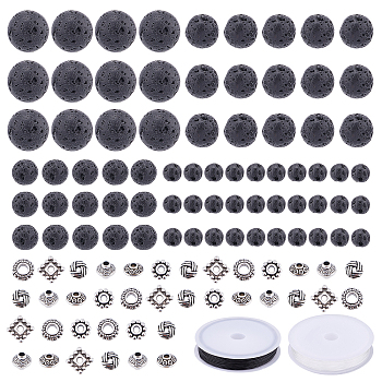 DIY Bead Stretch Bracelets Making Kits, Including Natural Lava Rock Round Beads, Tibetan Style Alloy Spacer Beads and Elastic Crystal Thread, Beads: 780pcs/set, Thread: 0.8mm, about 10m/roll, 2rolls/set