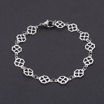 304 Stainless Steel Chain Bracelets, with Lobster Claw Clasps, Clover, Stainless Steel Color, 7-3/4 inch(19.6cm)