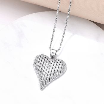 Brass Micro Pave Cubic Zirconia Pendant Necklaces, Heart, Platinum, 18.90 inch(48cm)