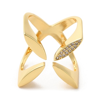 Brass Micro Pave Cubic Zirconia Open Cuff Rings, Flower Wide Band Rings, Real 18K Gold Plated, Inner Diameter: 18mm