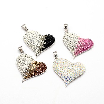 Mixed Style 925 Sterling Silver Polymer Clay Austrian Crystal Pendants, Heart, Mixed Color, 23x28x7mm, Hole: 3x5mm