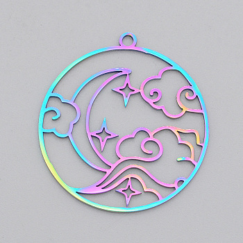 Ion Plating(IP) 201 Stainless Steel Pendants, Laser Cut, Ring with Cloud & Moon, Rainbow Color, 32.5x30x1mm, Hole: 1.8mm