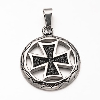 304 Stainless Steel Pendants, Ring with Cross, Antique Silver, 36.5x30.5x3.5mm, Hole: 5x10mm