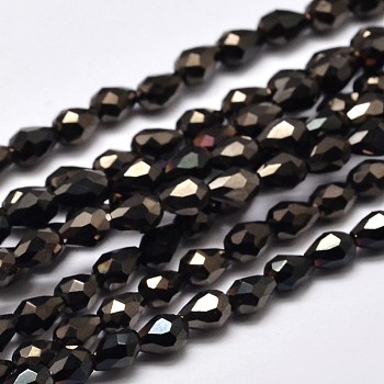 Faceted Teardrop Full Plated Electroplate Glass Beads Strands, Black Plated, 5x3mm, Hole: 1mm, about 100pcs/strand, 17.7 inch~19.6 inch