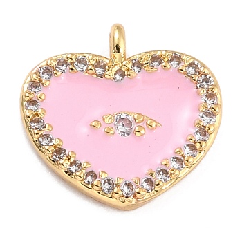 Golden Plated Brass Micro Pave Clear Cubic Zirconia Charms, with Enamel, Long-Lasting Plated, Heart with Eye, Pink, 11x11.5x2.5mm, Hole: 1.2mm