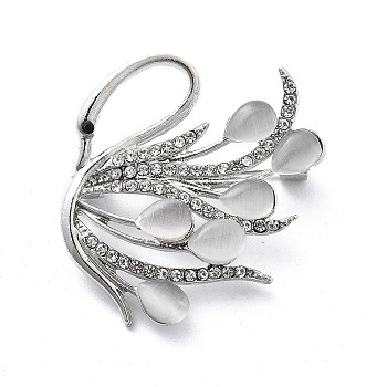 Swan Alloy Brooch, with Glass Imitation Cat Eye and Rhinestone, Platinum, 34x36mm