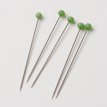 Stainless Steel Pins, with Glass Pearl Head, Round, Ferronickel, Corsage Pins/Dress-making Pins, Sea Green, 38mm, Pin: 0.6mm, 100pcs/box