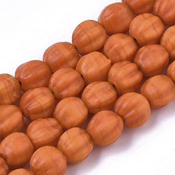 Handmade Frosted Lampwork Beads Strands, Corrugated Beads, Round, Dark Orange, 9.5~10.5x10.5mm, Hole: 1.2mm, about 80pcs/Strand, 31.89 inch