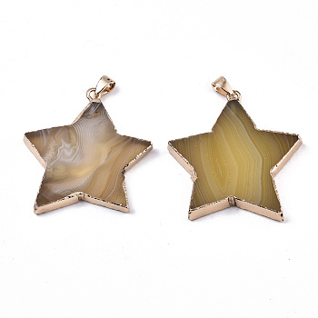 Natural Banded Agate/Striped Agate Pendants, with Light Gold Pleated Edge and Iron Bail, Star, Dyed, Goldenrod, 45~50x43~45x5~8mm, Hole: 4x7.5mm