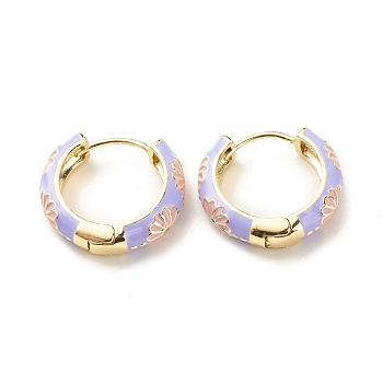 Daisy Flower Enamel Hoop Earrings, Gold Plated Brass Hinged Earrings for Women, Lilac, 20x22x5mm, Pin: 0.9mm