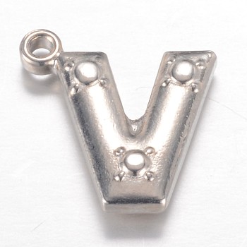 201 Stainless Steel Charms, Letter V, Stainless Steel Color, 15x14.2x3.5mm, Hole: 1.2mm