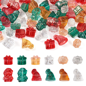 Pandahall 72Pcs 12 Styles Transparent Glass Beads, with Glitter Powder, Gift Box & Candy & Santa Claus & Christmas Hat, Mixed Color, 12~19x10.5~14x7~11mm, Hole: 1~1.4mm, 6pcs/style