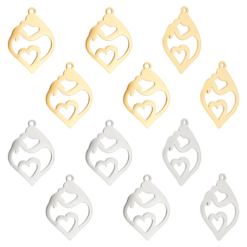 12Pcs 2 Colors 201 Stainless Steel Pendants, Heart with Mother and Child, for Mother's Day, Golden & Stainless Steel Color, 24x17x1mm, Hole: 1.5mm, 6pcs/color