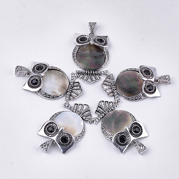Black Lip Shell Big Pendants, with Alloy Findings and Rhinestone, Owl, Antique Silver, 50x32x9.5~10mm, Hole: 4.5x9mm