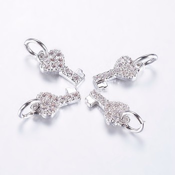 Long-Lasting Plated Brass Micro Pave Cubic Zirconia Charms, Heart Key, Real Platinum Plated, 10x5x1.5mm, Hole: 3mm