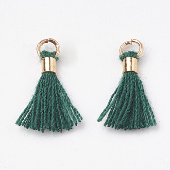 Polycotton(Polyester Cotton) Tassel Pendant Decorations, Mini Tassel, with Brass Findings, Light Gold, Teal, 10~15x3~4mm, Hole: 2mm