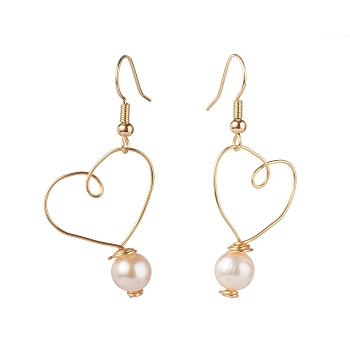 Brass Dangle Earrings, with Natural Pearl Beads, Heart, Golden, 43mm, Pin: 0.7mm