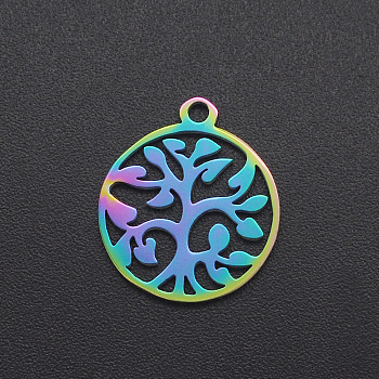 Ion Plating(IP) 201 Stainless Steel Pendants, Ring with Tree of Life, Laser Cut, Rainbow Color, 16.5x14x1mm, Hole: 1.5mm