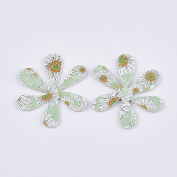 Printing PU Leather Pendants, with Double-Sided Flower Pattern, Flower, Light Green, 45.5x40x2mm, Hole: 1mm