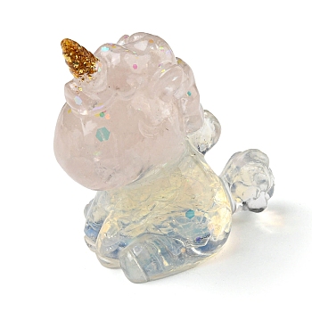 Resin Home Display Decorations, with Sequin, Natural Rose Quartz, Opalite Inside, Unicorn, 50x30x55mm