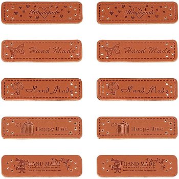 PU Leather Labels, Handmade Embossed Tag, with Holes, for DIY Jeans, Bags, Shoes, Hat Accessories, Rectangle with Word, Chocolate, 51x16x1.5mm, 5patterns, 10pcs/pattern, 50pcs/box