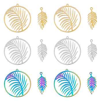 12Pcs 6 Styles 201 Stainless Steel Pendants, Laser Cut, Ring with Leaf & Leaf, Mixed Color, 25~32x10~30x1mm, Hole: 1.4~1.6mm, 2pcs/style
