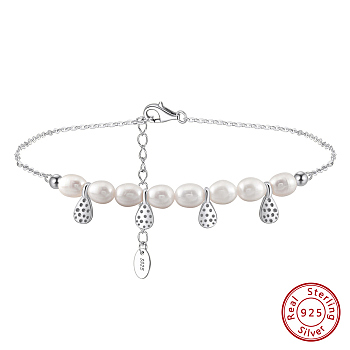 925 Sterling Silver with Natural Freshwater Pearls Anklet, Teardrop, Real Platinum Plated, 8-1/2 inch(21.5cm)
