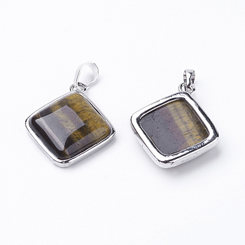 Natural Tiger Eye Pendants, with Brass Findings, Rhombus, Platinum, 25x29x7mm, Hole: 5x7mm, 18x18mm
