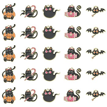 25Pcs 5 Styles Alloy Enamel Pendants, Golden, Cat with Candy & Bat & Ghost & Pumpkin Charm, Black, 20~25x28~34mm, 5pcs/style