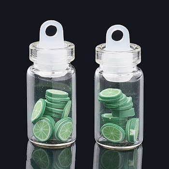 Handmade Polymer Clay Nail Art Decoration Accessories, with Glass Wishing Bottle and CCB Plastic Bottle Stopper, Green Lemon, Lime Green, 4~8x4~8x0.1~2mm, about bottle: 27.5x11mm, hole: 3mm