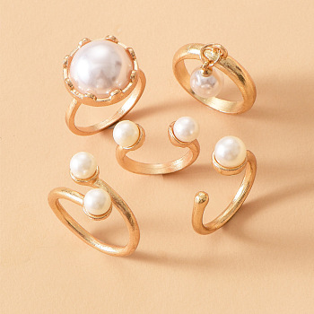 Zinc Alloy & Plastic Imitation Pearl Round Beads Finger Rings Sets, Golden, Inner Diameter: 20mm, 5pcs/set