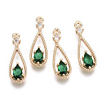Brass Micro Pave Cubic Zirconia Pendants, with Glass, Teardrop, Long-Lasting Plated, Light Gold, Sea Green, 17.5x6x2.5mm, Hole: 1mm(KK-R111-003-A01)