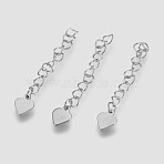 Tarnish Resistant 304 Stainless Steel Chain Extender, Heart, Stainless Steel Color, 50~60x4mm, Pendant: 9.5x7.5x1mm(X-STAS-I088-O-01P)