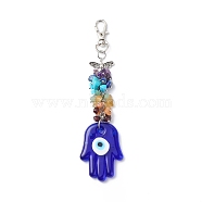 Handmade Lampwork Evil Eye Pendant Decoration, Gemstone Chips Cluster Lobster Clasp Charms, Clip-on Charms, for Keychain, Purse, Backpack Ornament, 125~144mm(HJEW-JM00773-01)