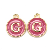 Golden Plated Alloy Enamel Charms, Cadmium Free & Lead Free, Enamelled Sequins, Flat Round with Letter, Camellia, Letter.G, 14x12x2mm, Hole: 1.5mm(X-ENAM-S118-08G)