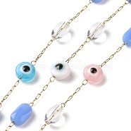 Flat Round with Evil Eye Glass Beaded Chains, with Golden 304 Stainless Steel Paperclip Chains, Unwelded, Colorful, 6x4mm, 7.5x4.5x3mm(AJEW-J035-04G-01)