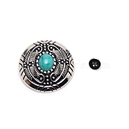 1-Hole Alloy & Cat eye Turquoise Buttons, Flat Round with Leaf Pattern, for DIY Luggage and Hardware Accessaries, Dark Turquoise, 30x11~11.8mm, Hole: 2.5mm(PALLOY-WH0092-10B-P)