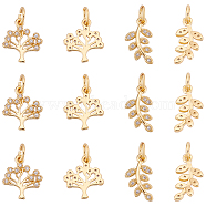 SUPERFINDINGS 12Pcs 2 Style  Brass Micro Pave Clear Cubic Zirconia Pendant, with Jump Ring, Long-Lasting Plated, Tree & Leaf, Golden, 13~14x8~11x2mm, Hole: 3mm, 6pcs/style(KK-FH0004-15)
