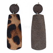 Eco-Friendly Cowhide Leather Big Pendants, with Dyed Wood and 304 Stainless Steel Jump Rings, Rectangle with Leopard Print, Camel, 75mm(FIND-N049-11-03)
