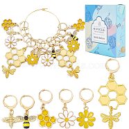 Bee & Flower Locking Stitch Markers, Alloy Enamel Pendant Stitch Marker, with 304 Stainless Steel Hoop, Golden, 2.9~6.4cm, 6 styles, 2pcs/style, 12pcs/box(HJEW-SC0001-34)