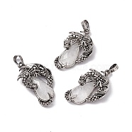 Natural Quartz Crystal Pendants, Rock Crystal Pendants, Faceted Teardrop Charms with Rack Plating Antique Silver Tone Brass Dragon, Cadmium Free & Lead Free, 39x23x8.5mm, Hole: 8x5mm(G-H281-06D)